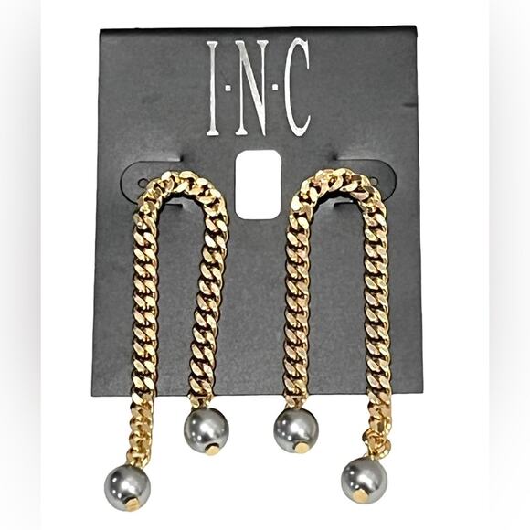 NEW INC Gray Ball TOWER EARRINGS Gold Link Chain 2.5” Dangle Drop Posts On Card! - Picture 3 of 4